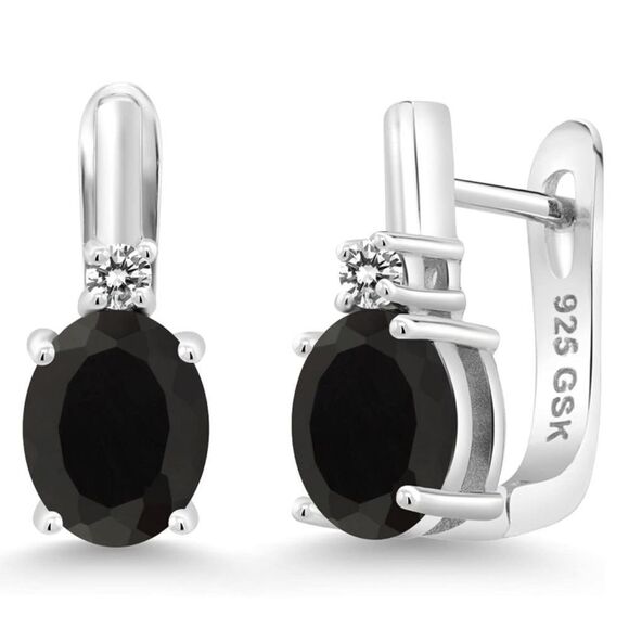 925 Sterling Silver with 3.39 Cttw Black Onyx and White Diamond Oval Earrings